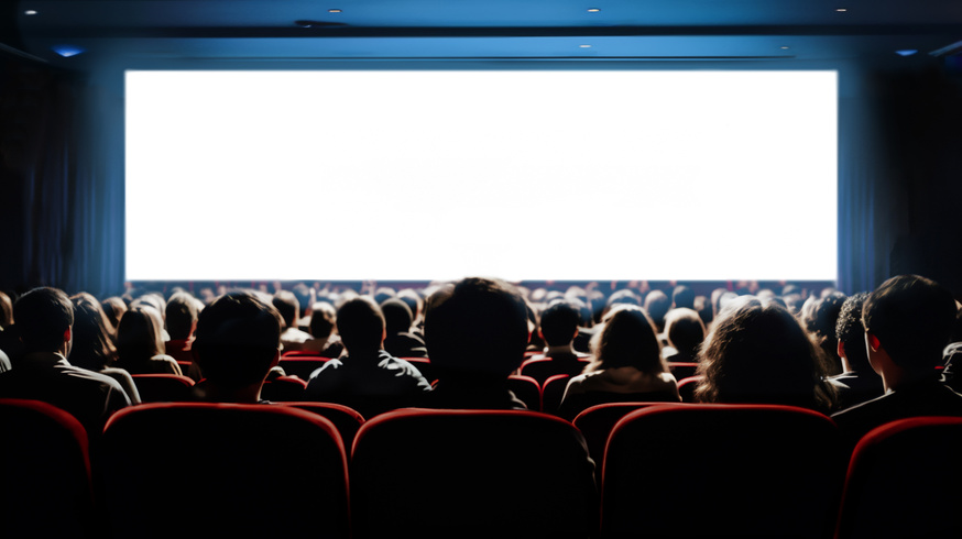 People in the Cinema Hall with Empty White Screen.